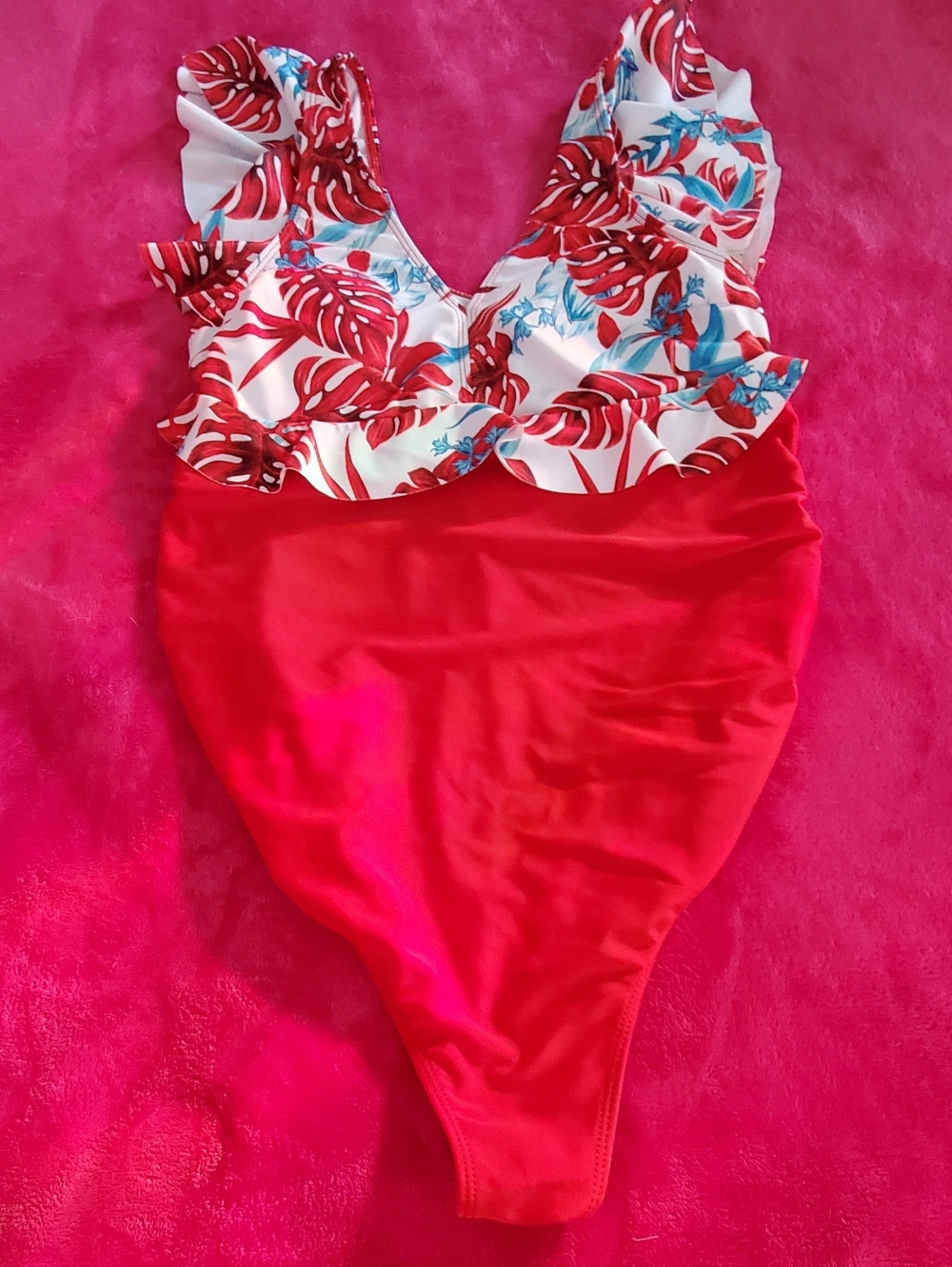 Womens Red One-Piece Swimsuit with Floral Ruffle Top